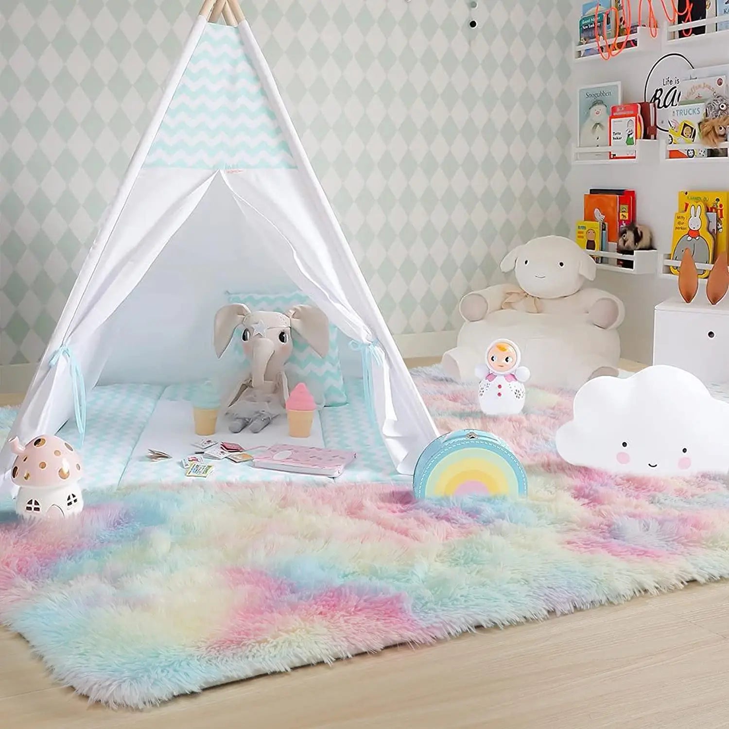 Navak Carpet Haarige Regenbogen-Teppiche für Kinderzimmer, Schlafzimmer, weiche, pelzige Teppiche, Wohnzimmer, Kinder-/Babyzimmer, Kinderzimmer, Spielzimmer, niedliche Zimmerdekoration, Bereichsteppich