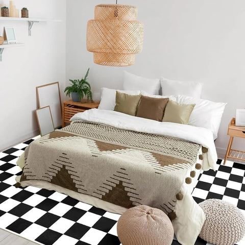 Navak Carpet Schwarz-weiß karierter Teppich für Wohnzimmer und Schlafzimmer, 6 x 9 Zoll, weicher, waschbarer Flächenteppich mit Rutschfestigkeit, fleckenabweisender Teppich mit niedrigem Flor