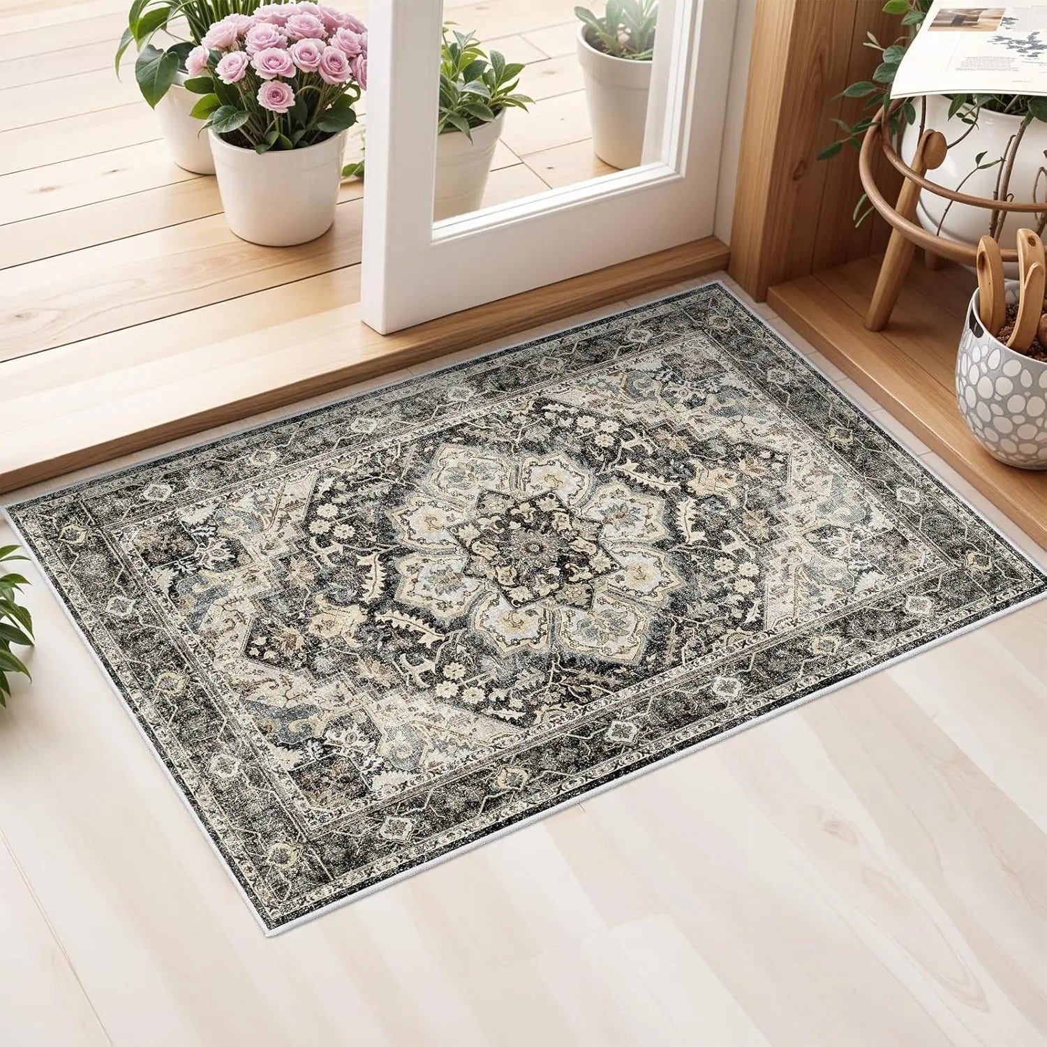 Navak Teppich, waschbar, orientalischer Teppich, Teppiche für Wohnzimmer, weicher Teppich für Schlafzimmer, wasserdicht, geblümt, Used-Look, für den Innenbereich, fleckenabweisend