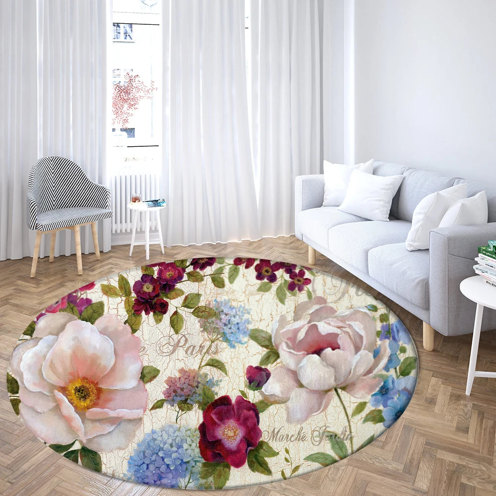 Navak Teppich Home Wohnzimmer Schlafzimmer Badezimmer Bodenmatte Druck Dekorativer Teppich Blume und Vogel Runde Pfingstrose Rose