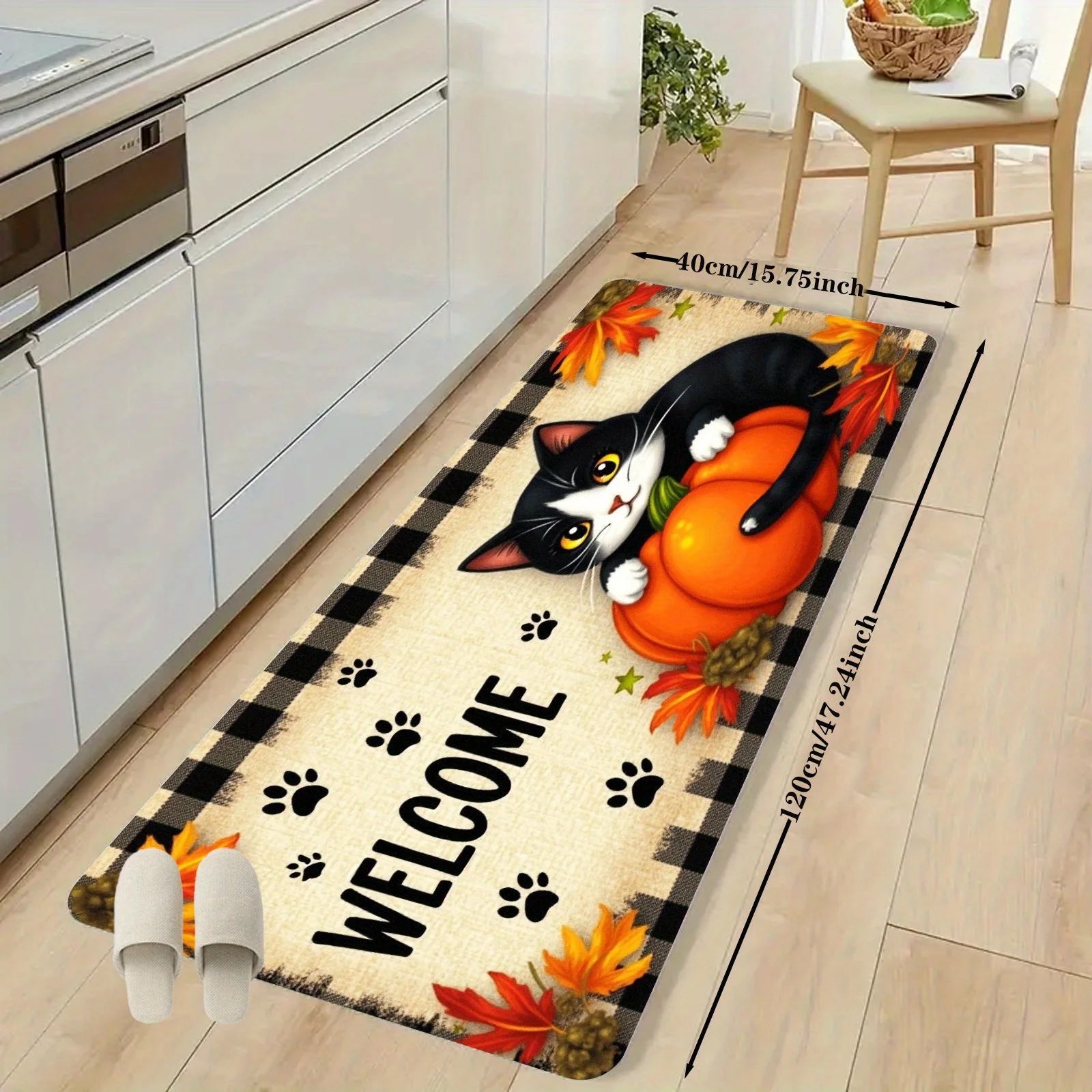 Navak Teppich, Herbst, Katzenpfote, Kürbis, Ahornblätter, Willkommens-Fußmatte, Herbst, Eingangsmatte, Thanksgiving-Dekor, Wohnzimmer, Schlafzimmer, rutschfeste Teppiche