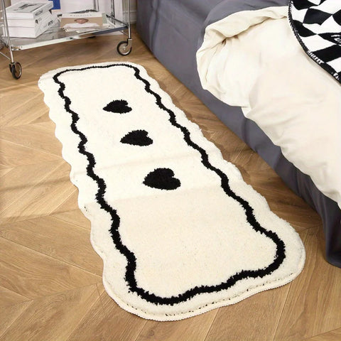 Navak Carpet Exclusive Picks Schwarz-weißer, herzförmiger, langer Teppich, flauschiger und weicher Nachttischvorleger für die Heimdekoration, Bodenmatte für Schlafzimmer, Flur und Korridor