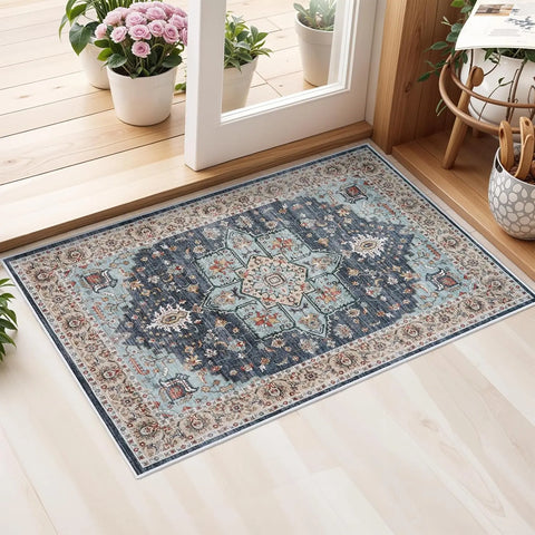 Navak Teppich, waschbar, orientalischer Teppich, Teppiche für Wohnzimmer, weicher Teppich für Schlafzimmer, wasserdicht, geblümt, Used-Look, für den Innenbereich, fleckenabweisend