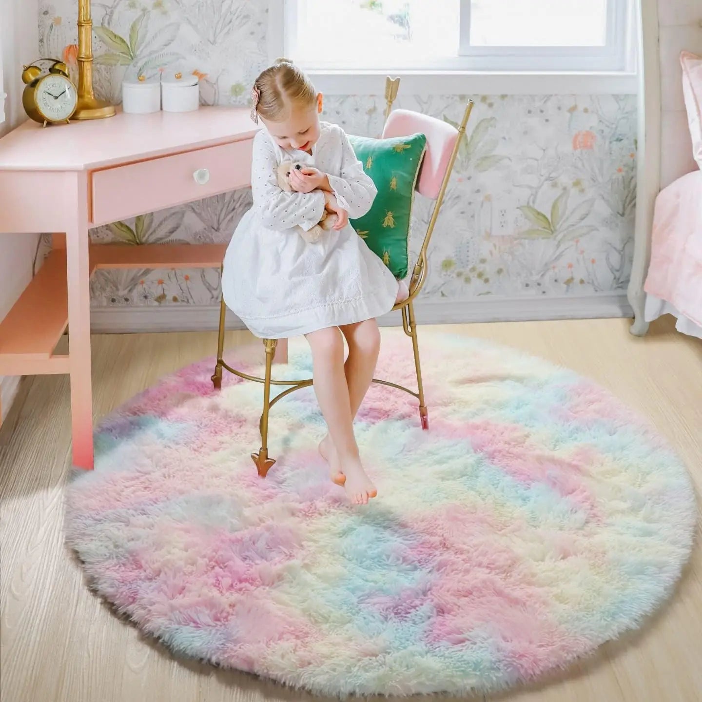 Navak Carpet 100/120/140/160 Runder Teppich, flauschig, weich, für Kinderzimmer, Mädchenzimmer, Prinzessinnenschloss, Plüsch-Zottelteppich, niedliche runde Schlafzimmerdekoration