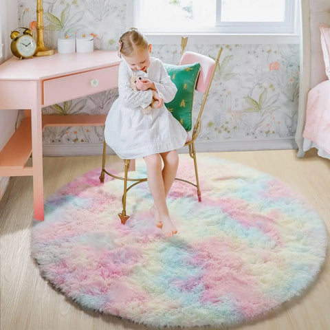 Navak Carpet 100/120/140/160 Runder Teppich, flauschig, weich, für Kinderzimmer, Mädchenzimmer, Prinzessinnenschloss, Plüsch-Zottelteppich, niedliche runde Schlafzimmerdekoration