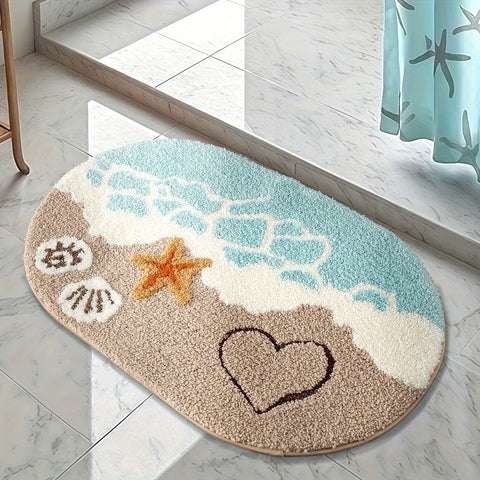 Navak Carpet 1 Stück Plüsch-Badezimmerteppich aus Kunstkaschmir – ovale Bodenmatte mit Ozeanmotiv und Strand-Seestern- und Herz-Design, Teppiche fürs Badezimmer, Themendekor
