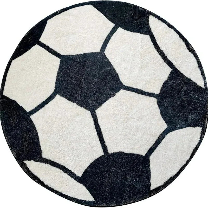 Navak Teppich, 100 x 100 cm, schwarzer Fußball, weicher Plüschteppich, rund, rutschfest, für Kinderzimmer, Schlafzimmer, Spielzimmer, waschbar, Krabbelmatte für Kinder