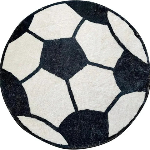 Navak Teppich, 100 x 100 cm, schwarzer Fußball, weicher Plüschteppich, rund, rutschfest, für Kinderzimmer, Schlafzimmer, Spielzimmer, waschbar, Krabbelmatte für Kinder