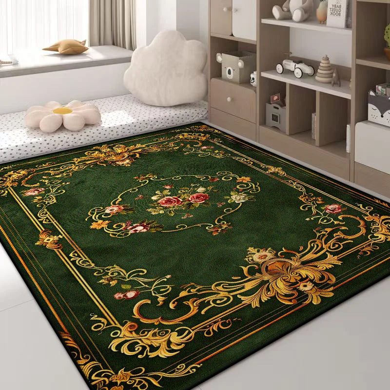 Navak Carpet Luxuriöser Teppich mit grünen Blumen – Rutschfester großer Wohnzimmerteppich, goldener Rand, waschbare weiche Matte für die Heimdekoration im Schlafzimmer