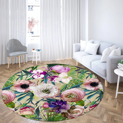 Navak Teppich Home Wohnzimmer Schlafzimmer Badezimmer Bodenmatte Druck Dekorativer Teppich Blume und Vogel Runde Pfingstrose Rose