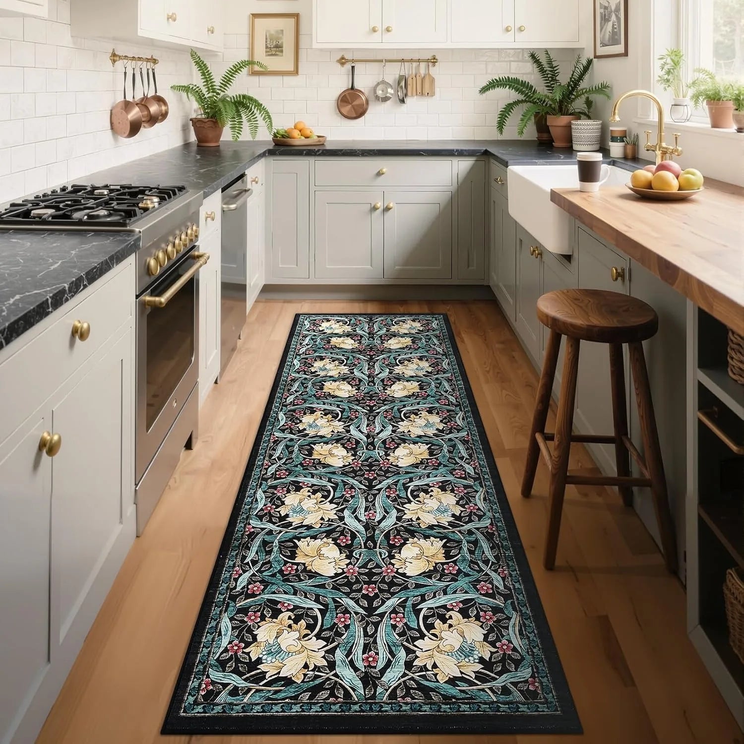 Navak Teppich, Läufer für den Flur, weich, geblümt, Küchenteppich, waschbar, rutschfest, für Korridor, langer Teppich, für Schlafzimmer, Nachttisch, Bad, Waschküche, Bodenmatte