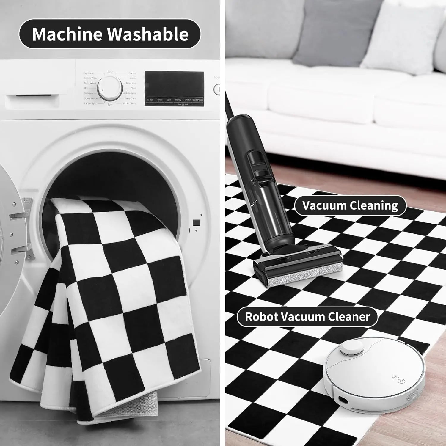 Navak Carpet Schwarz-weiß karierter Teppich für Wohnzimmer und Schlafzimmer, 6 x 9 Zoll, weicher, waschbarer Flächenteppich mit Rutschfestigkeit, fleckenabweisender Teppich mit niedrigem Flor