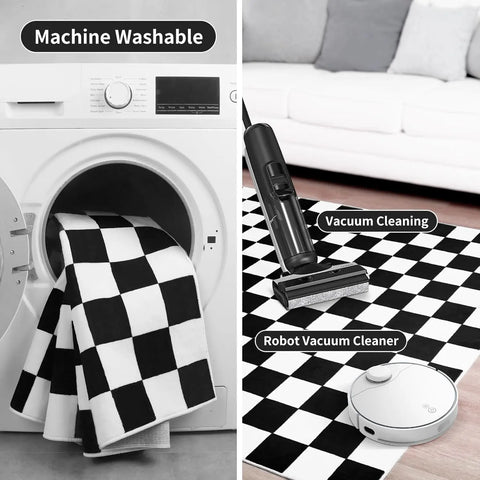 Navak Carpet Schwarz-weiß karierter Teppich für Wohnzimmer und Schlafzimmer, 6 x 9 Zoll, weicher, waschbarer Flächenteppich mit Rutschfestigkeit, fleckenabweisender Teppich mit niedrigem Flor