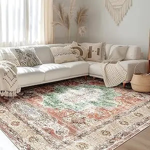 Navak Teppich, maschinenwaschbar, kein Flor, rutschfest, Vintage-Teppiche für Wohnzimmer, Schlafzimmer und Esszimmer, Bohemian-Stil, Used-Look I