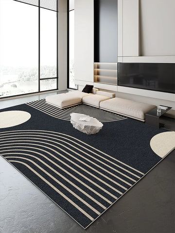 Navak Teppich, dunkelblau-cremefarben, gestreifter Teppich, moderne geometrische dekorative Teppiche, leicht zu reinigen, Kunstlinien, Wohnzimmerteppiche, bequemer Schlafzimmerteppich