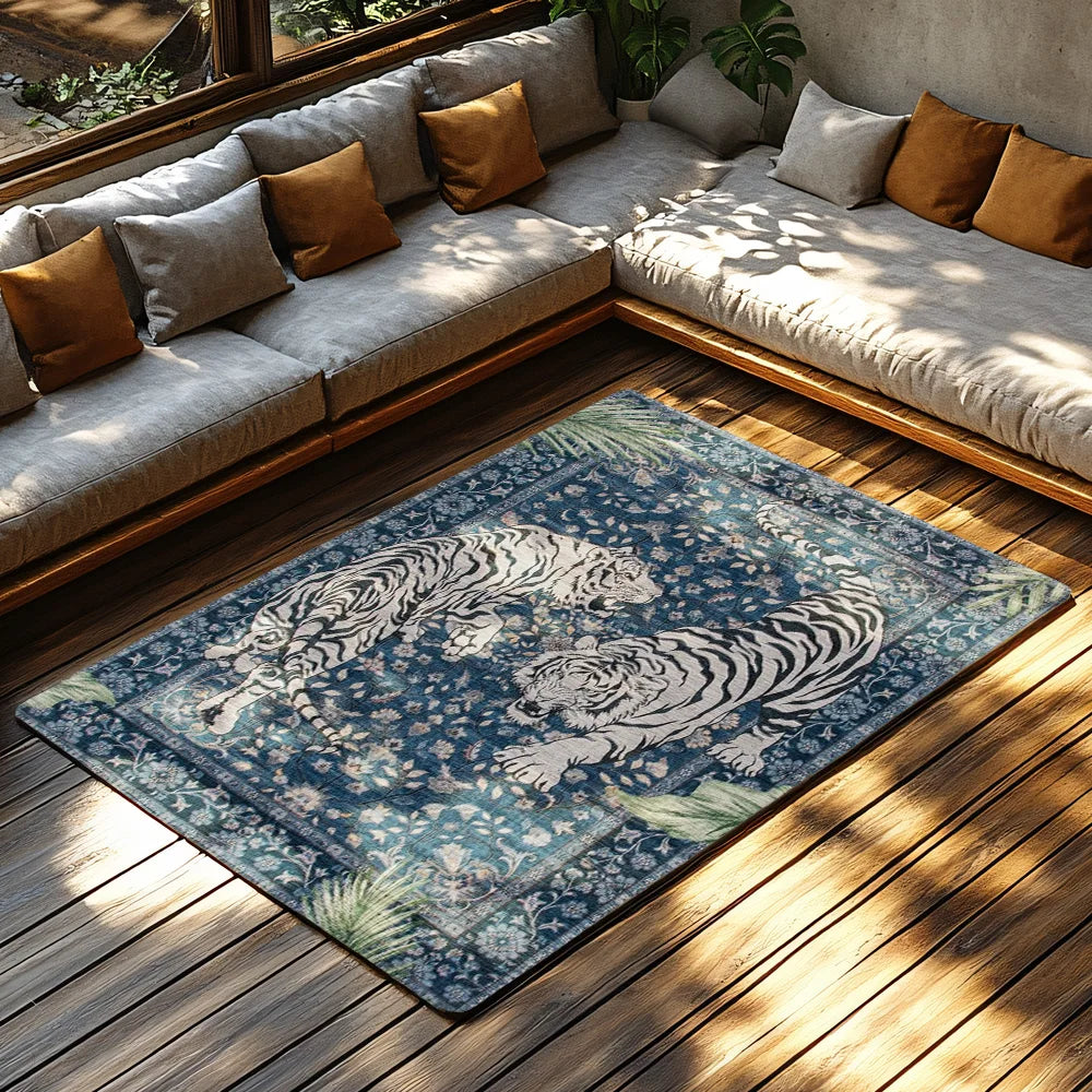 Navak Carpet Blauer Tigermuster-Boho-Teppich, Rutschfester Teppich mit Dschungelmotiv, Plüsch-Wohnzimmermatte für von der Natur inspiriertes Dekor