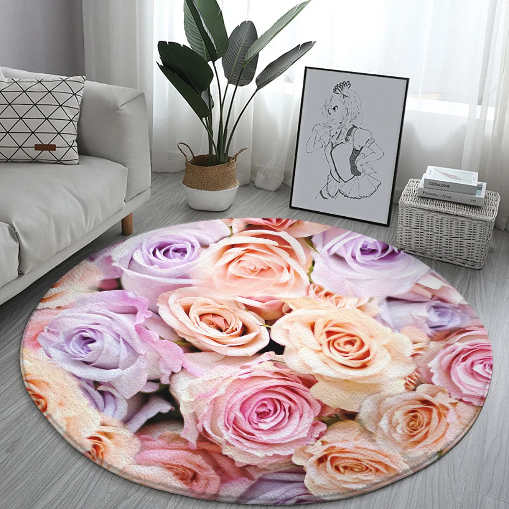 Navak Teppich Home Wohnzimmer Schlafzimmer Badezimmer Bodenmatte Druck Dekorativer Teppich Blume und Vogel Runde Pfingstrose Rose