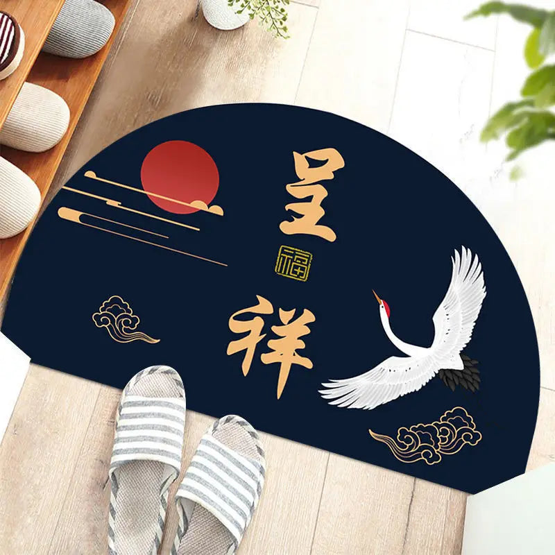 Navak Teppich Chinesische halbrunde Fußmatten im japanischen Stil mit Kranich-Aufdruck, rutschfeste Fußmatten für den Eingang, Balkonteppich, Flur, Veranda