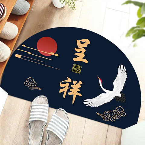 Navak Teppich Chinesische halbrunde Fußmatten im japanischen Stil mit Kranich-Aufdruck, rutschfeste Fußmatten für den Eingang, Balkonteppich, Flur, Veranda