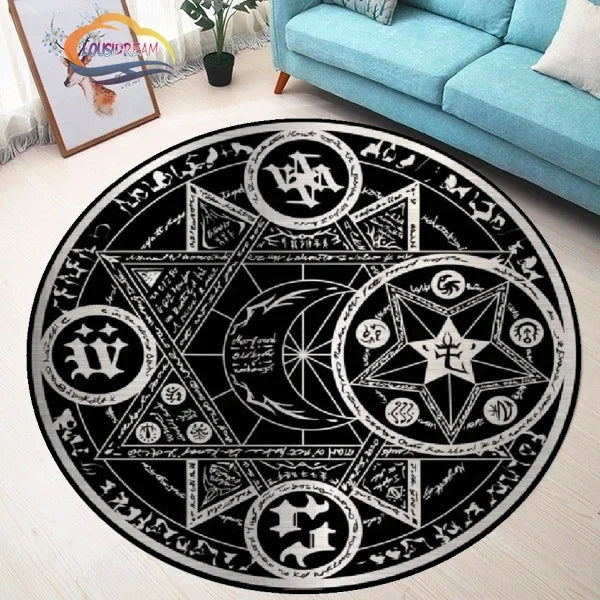 Navak Teppich Pentagramm Sonne gemusterter runder Teppich, Satan Devil's Trap Teppich, Weiß auf Schwarz Supernatural Runen Teppich
