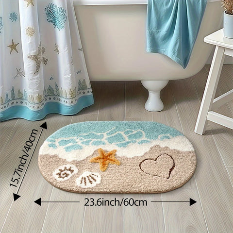 Navak Carpet 1 Stück Plüsch-Badezimmerteppich aus Kunstkaschmir – ovale Bodenmatte mit Ozeanmotiv und Strand-Seestern- und Herz-Design, Teppiche fürs Badezimmer, Themendekor