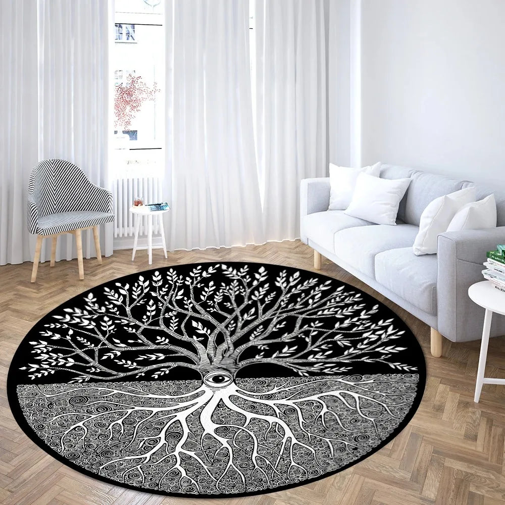 Navak Teppich Weltenbaum, rund, Wikinger-Druck, nordische Mythologie, rund, für Wohnzimmer, Schlafzimmer, Bodenmatte, Spielzimmer
