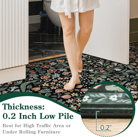 Navak Carpet Florale waschbare Teppiche, weicher großer Boho-Schlafzimmerteppich, botanischer rutschfester ultradünner Bodenteppich für Esszimmer, Kinderzimmer, Büro