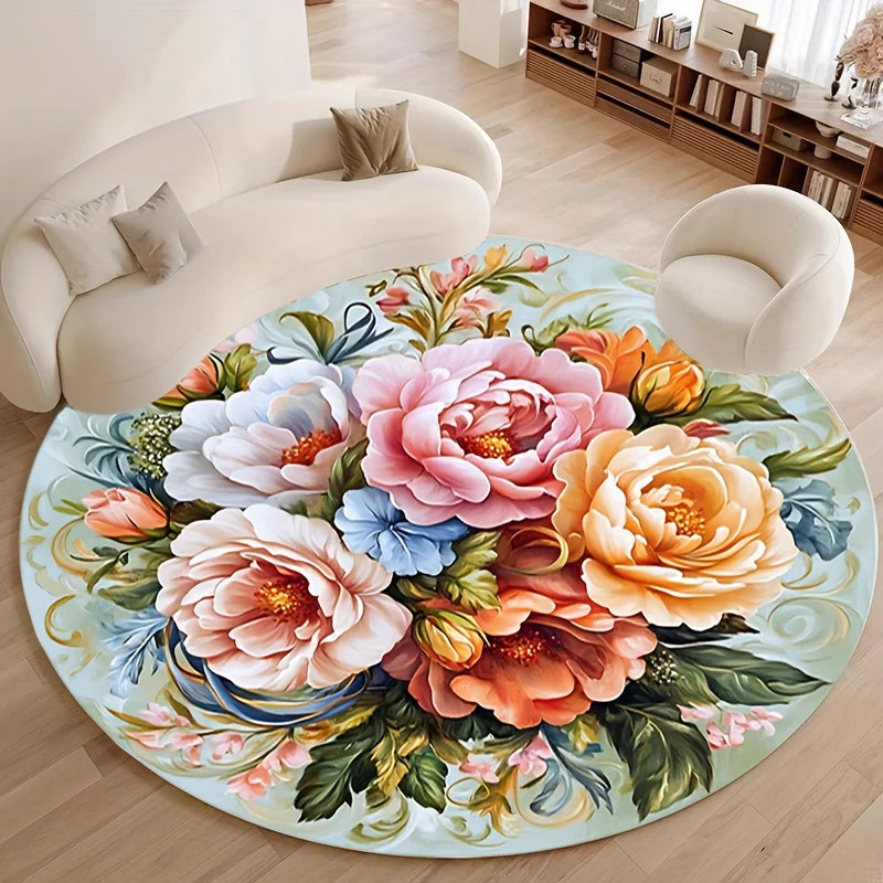 Navak Carpet 1pc Runde Bodenmatte mit Blumenmuster, Polyestergewebe, geeignet für Schlafzimmer- und Wohnzimmerdekoration