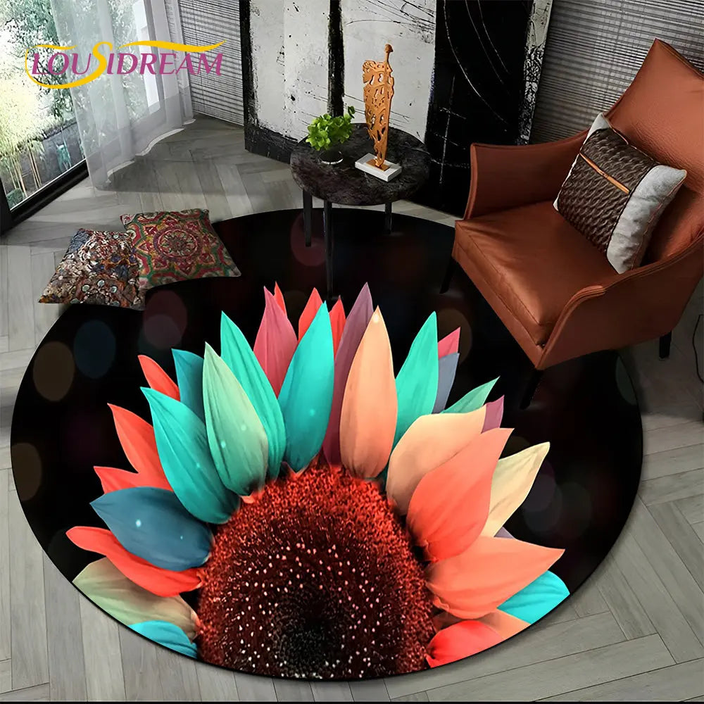 Navak Teppich, 3D-Gänseblümchen, nordische Blume, Sonnenblume, runder Teppich, Teppich für Wohnzimmer, Kinderzimmer, Sofa, Spielzimmer, Dekoration, rutschfeste Bodenmatte