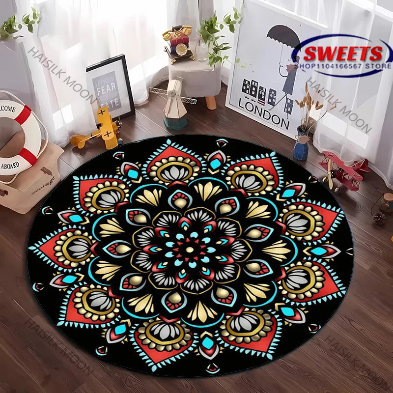 Navak Carpet Next Day Shipping Mandala Flower Printing Round Carpet Bedroom Living Room Sofa All Season Mat Kids Room Non-Slip Decorative Rug