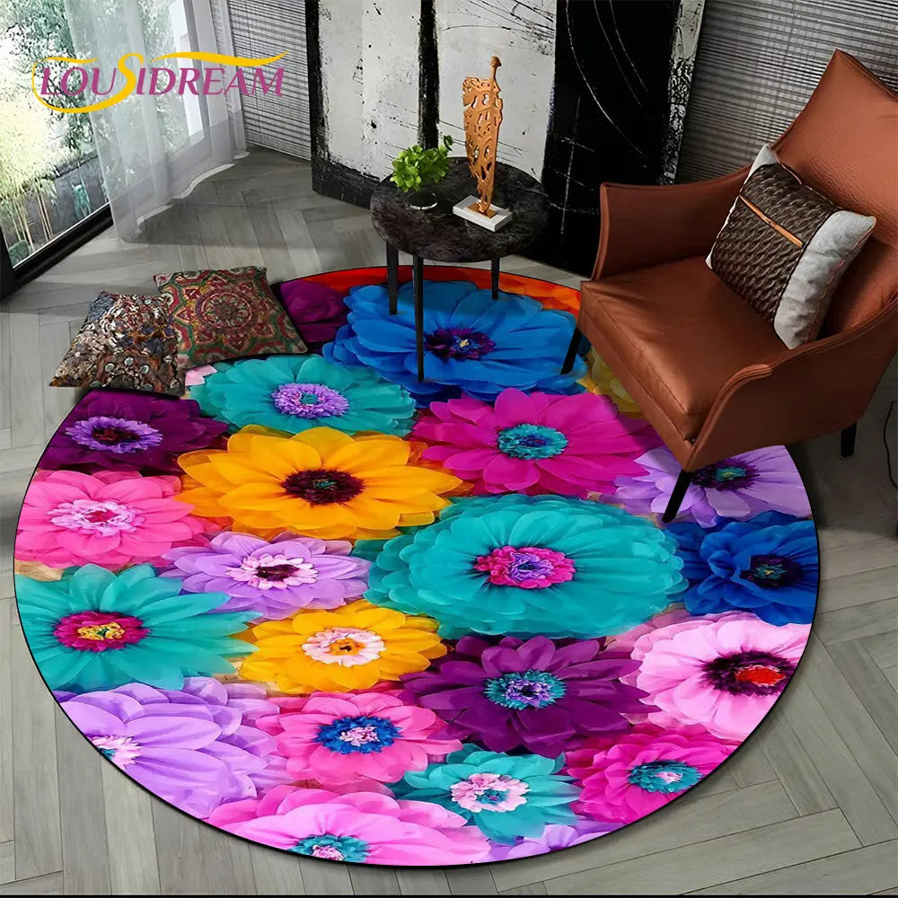 Navak Teppich, 3D-Gänseblümchen, nordische Blume, Sonnenblume, runder Teppich, Teppich für Wohnzimmer, Kinderzimmer, Sofa, Spielzimmer, Dekoration, rutschfeste Bodenmatte