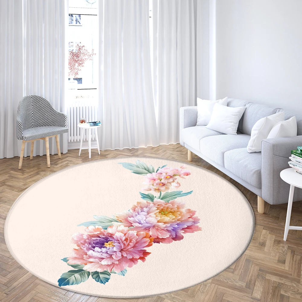 Navak Teppich Home Wohnzimmer Schlafzimmer Badezimmer Bodenmatte Druck Dekorativer Teppich Blume und Vogel Runde Pfingstrose Rose