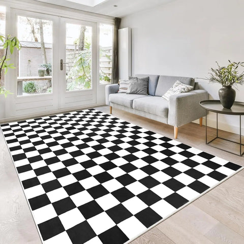 Navak Carpet Schwarz-weiß karierter Teppich für Wohnzimmer und Schlafzimmer, 6 x 9 Zoll, weicher, waschbarer Flächenteppich mit Rutschfestigkeit, fleckenabweisender Teppich mit niedrigem Flor