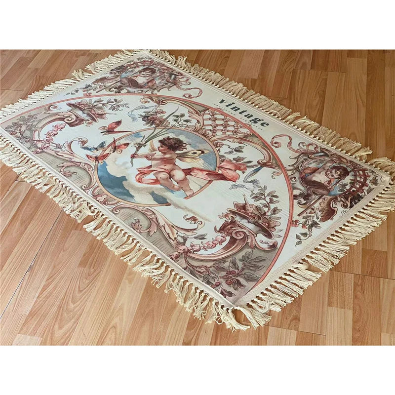 Navak Teppich Retro Wohnzimmer Teppiche Home Dekoration für Schlafzimmer Teppich Kleine Fußmatte Europäischer Engel Gedruckt Baumwolle Veranda Hand Quaste Teppich