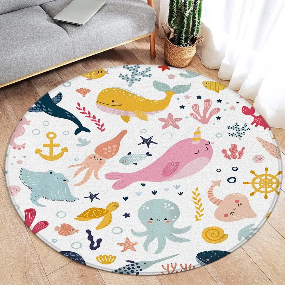 Navak Teppich, Cartoon-Design, rund, für Ozean, Fisch, Delfin, Seestern, niedlich, Hirsch, Löwe, Elefant, Tiger, Kinder-Schlafzimmermatte, Heimdekoration, Wohnzimmer, Bodenteppich