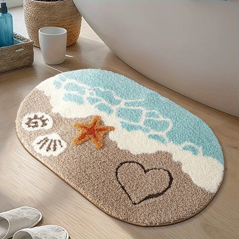 Navak Carpet 1 Stück Plüsch-Badezimmerteppich aus Kunstkaschmir – ovale Bodenmatte mit Ozeanmotiv und Strand-Seestern- und Herz-Design, Teppiche fürs Badezimmer, Themendekor