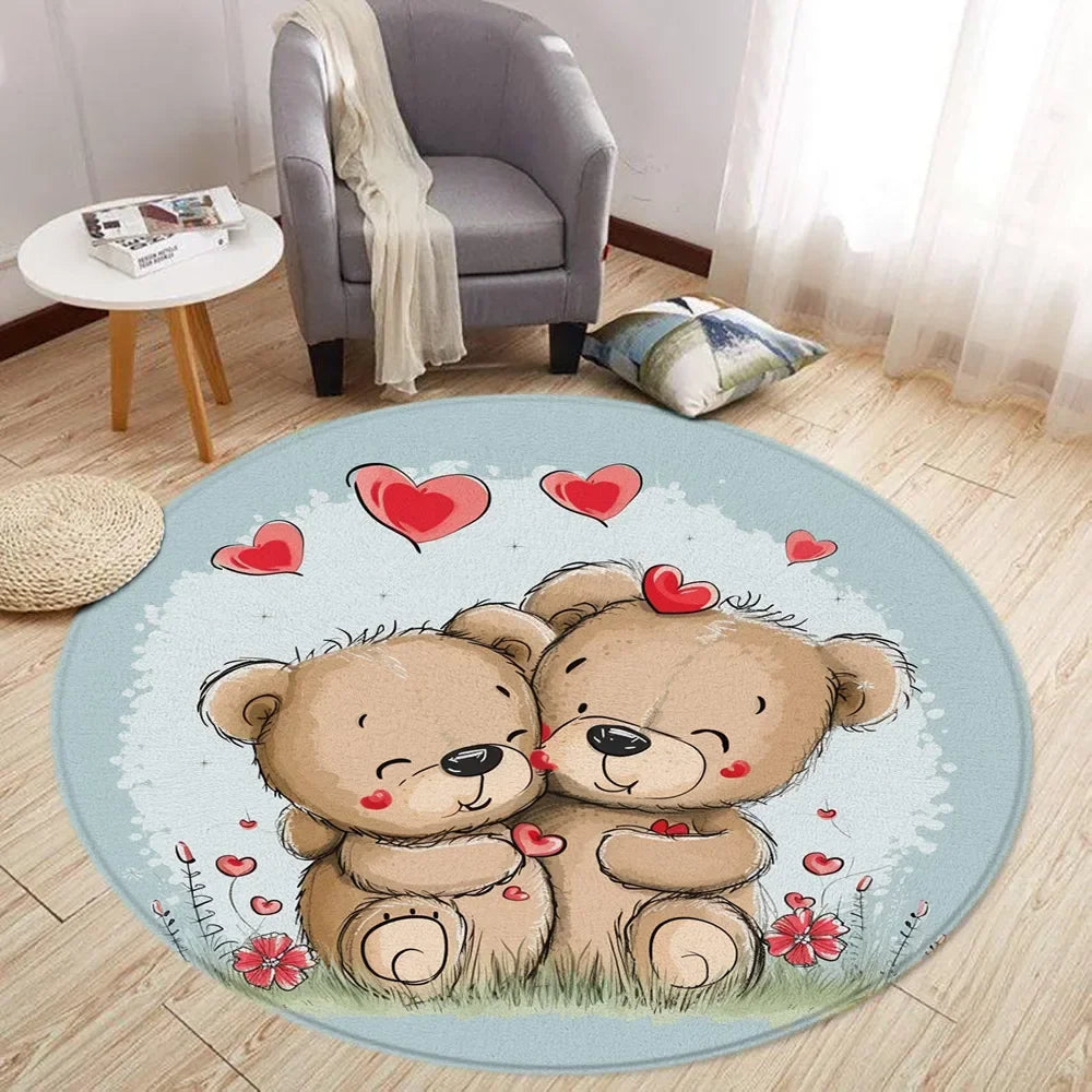 Navak Teppich Cartoon Löwe Liebe Bär Runder Teppich Wohnzimmer Dekoration Kaninchen Bär Waldtiere Schlafzimmer Teppiche Heimmatten Waschbare Freizeitteppiche