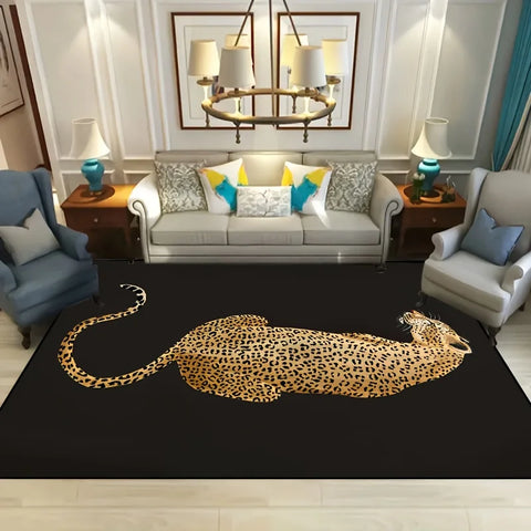 Navak Carpet 1-teilige Matte mit Leopardenmuster, maschinenwaschbar, dekorativer Teppich mit schwarzem Hintergrund und goldenem Leopardenmuster