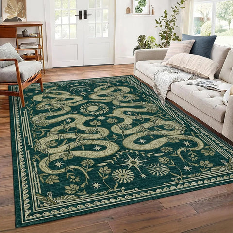 Navak Carpet Green Living Room Carpet Snake Carpets Machine Washable Non-slip Rug Retro Home Decoration Rugs for Bedroom Bedside Floor Mat