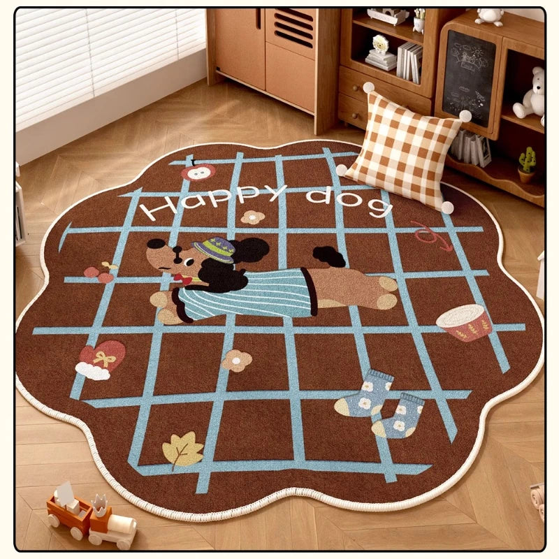 Navak Carpet Retro Brown Living Room Decoration Round Carpet Cartoon Style Rugs for Bedroom Anti-slip Lounge Floor Mat Washable Home Soft Rug