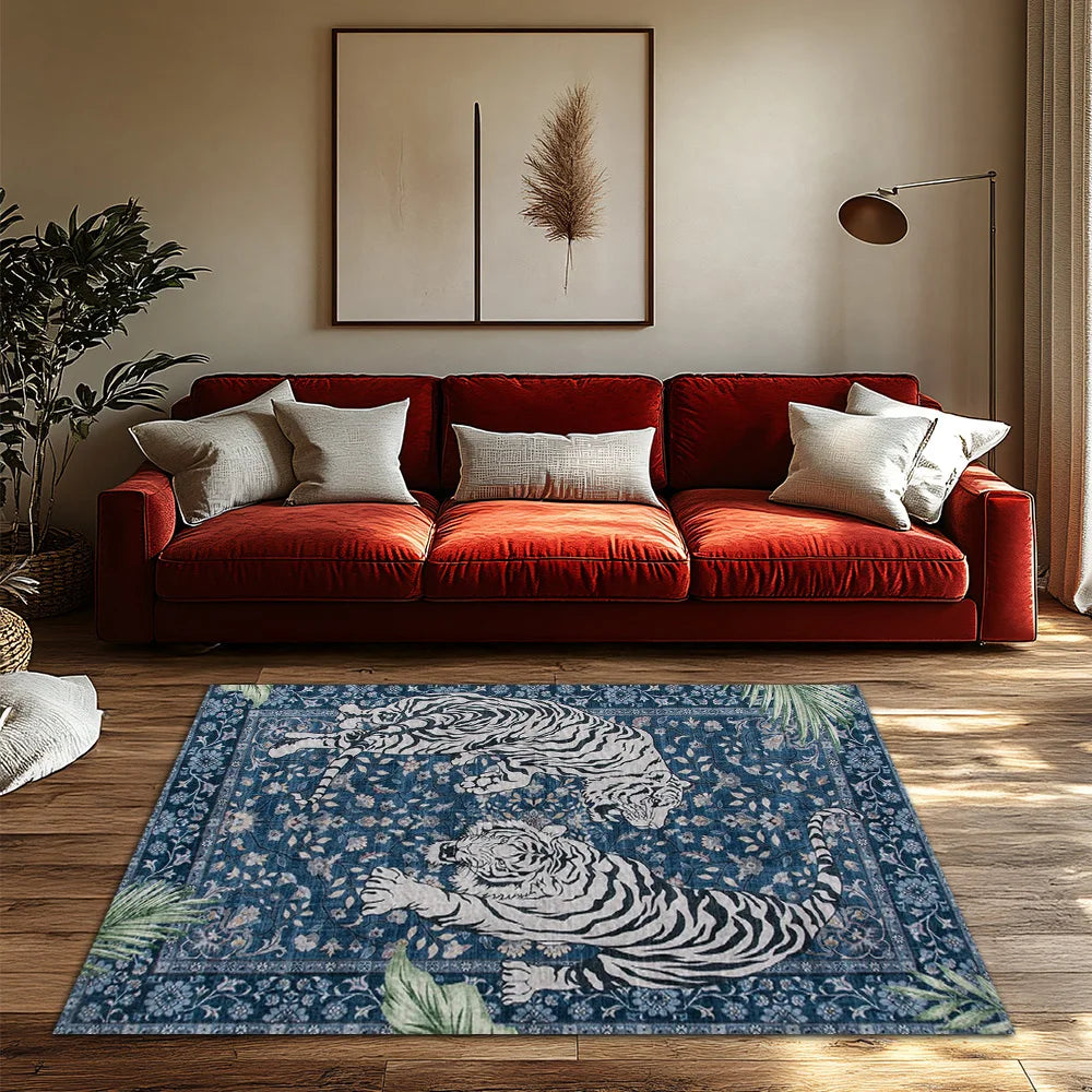 Navak Carpet Blauer Tigermuster-Boho-Teppich, Rutschfester Teppich mit Dschungelmotiv, Plüsch-Wohnzimmermatte für von der Natur inspiriertes Dekor