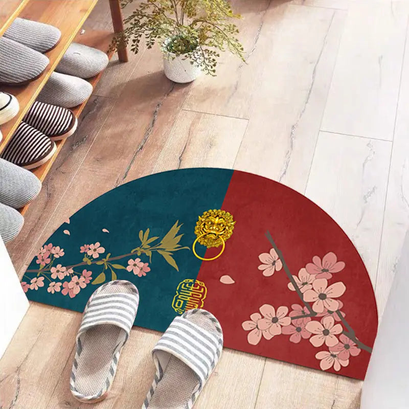 Navak Teppich Chinesische halbrunde Fußmatten im japanischen Stil mit Kranich-Aufdruck, rutschfeste Fußmatten für den Eingang, Balkonteppich, Flur, Veranda