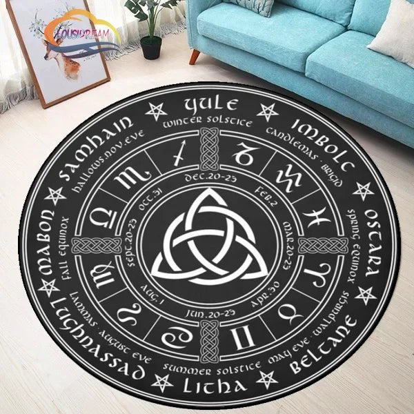 Navak Teppich Pentagramm Sonne gemusterter runder Teppich, Satan Devil's Trap Teppich, Weiß auf Schwarz Supernatural Runen Teppich
