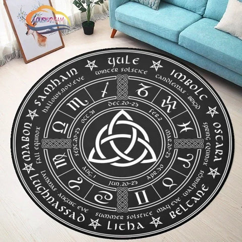 Navak Teppich Pentagramm Sonne gemusterter runder Teppich, Satan Devil's Trap Teppich, Weiß auf Schwarz Supernatural Runen Teppich