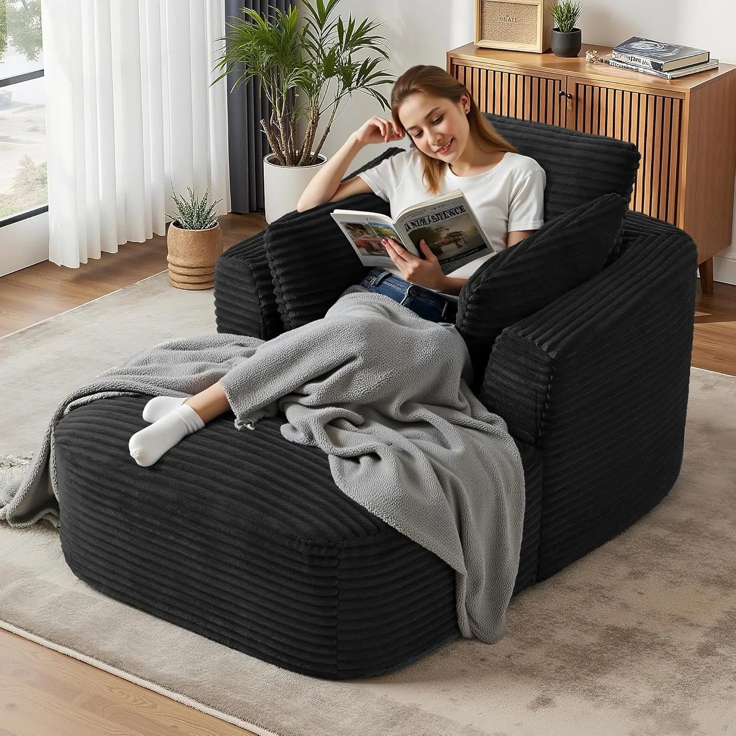 Navak Carpet „65“ Cord-Sofa ohne Knochen – luxuriöse, übergroße Chaiselongue mit tiefer Sitzfläche, Lese-/Schlafsessel für das Wohnzimmer