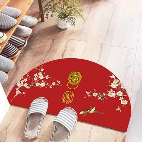 Navak Teppich Chinesische halbrunde Fußmatten im japanischen Stil mit Kranich-Aufdruck, rutschfeste Fußmatten für den Eingang, Balkonteppich, Flur, Veranda