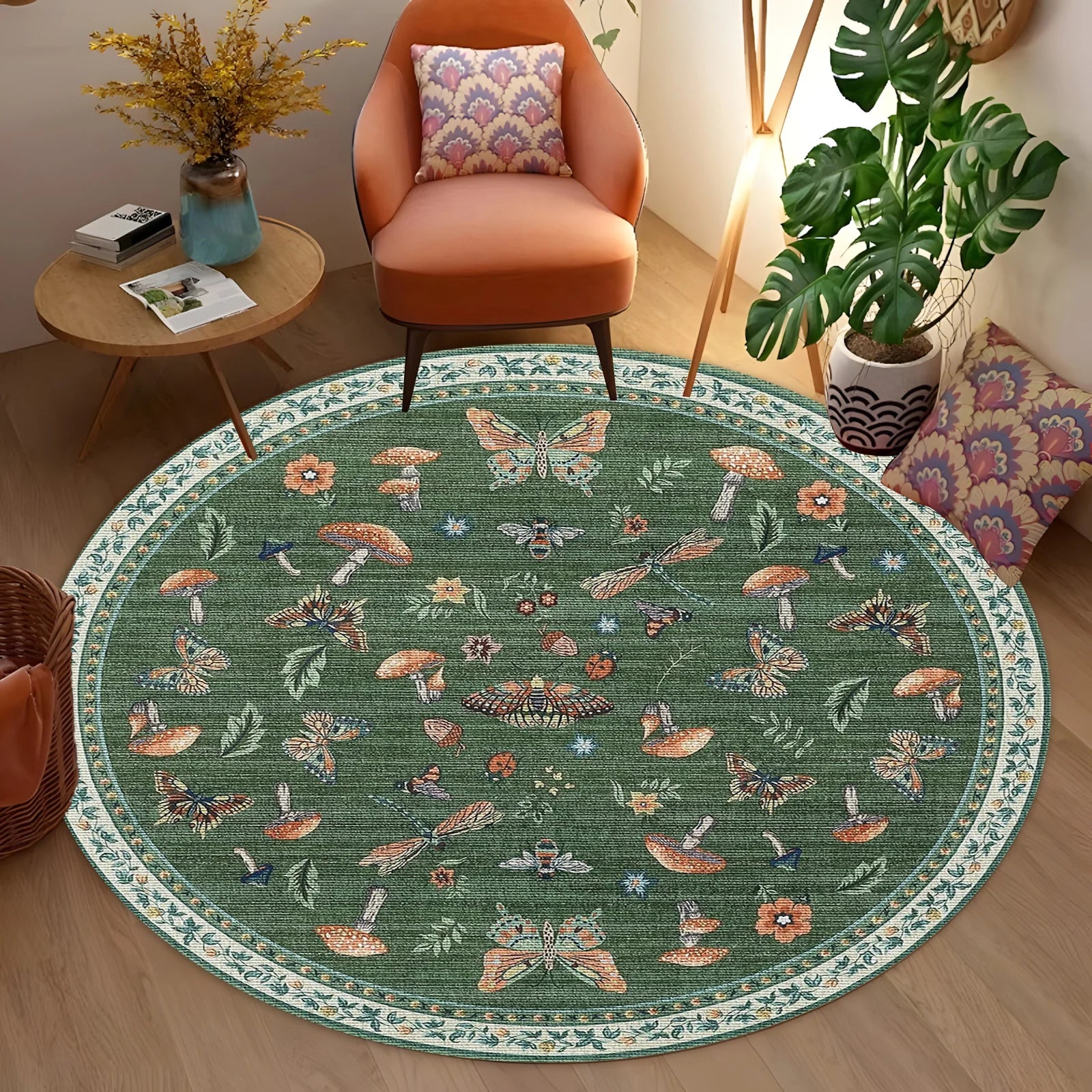 Navak Carpet Runder Boho-Blumenteppich – Lebendiger Pilz- und Schmetterlingsdruck, rutschfester Teppich für Wohnzimmer/Schlafzimmer, von der Natur inspiriertes Dekor