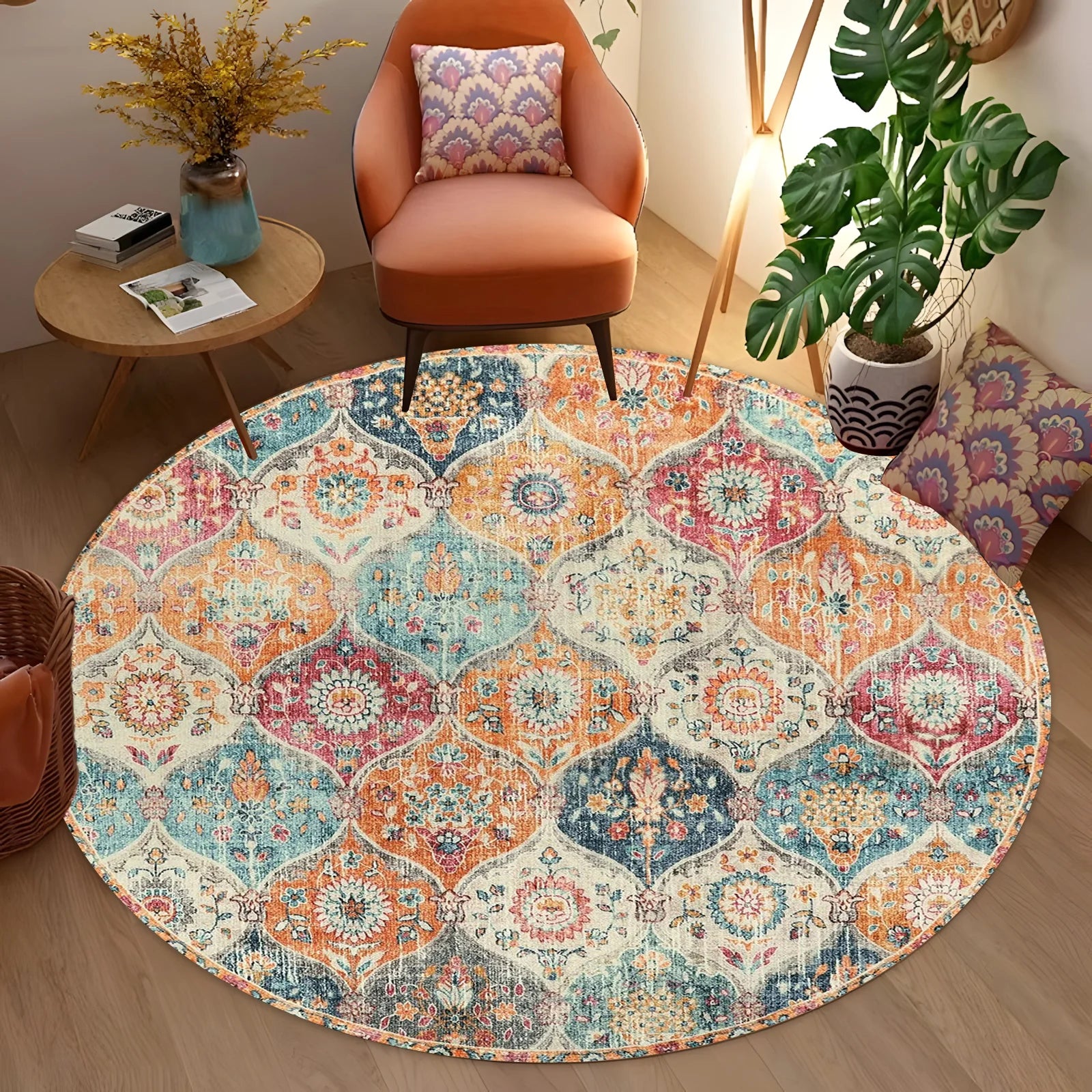 Navak Carpet Moroccan Trellis Washable Large Round Carpet Living Room Area Rugs Vintage Bedroom Sofa Coffee Table Kids Anti-slip floor Mats