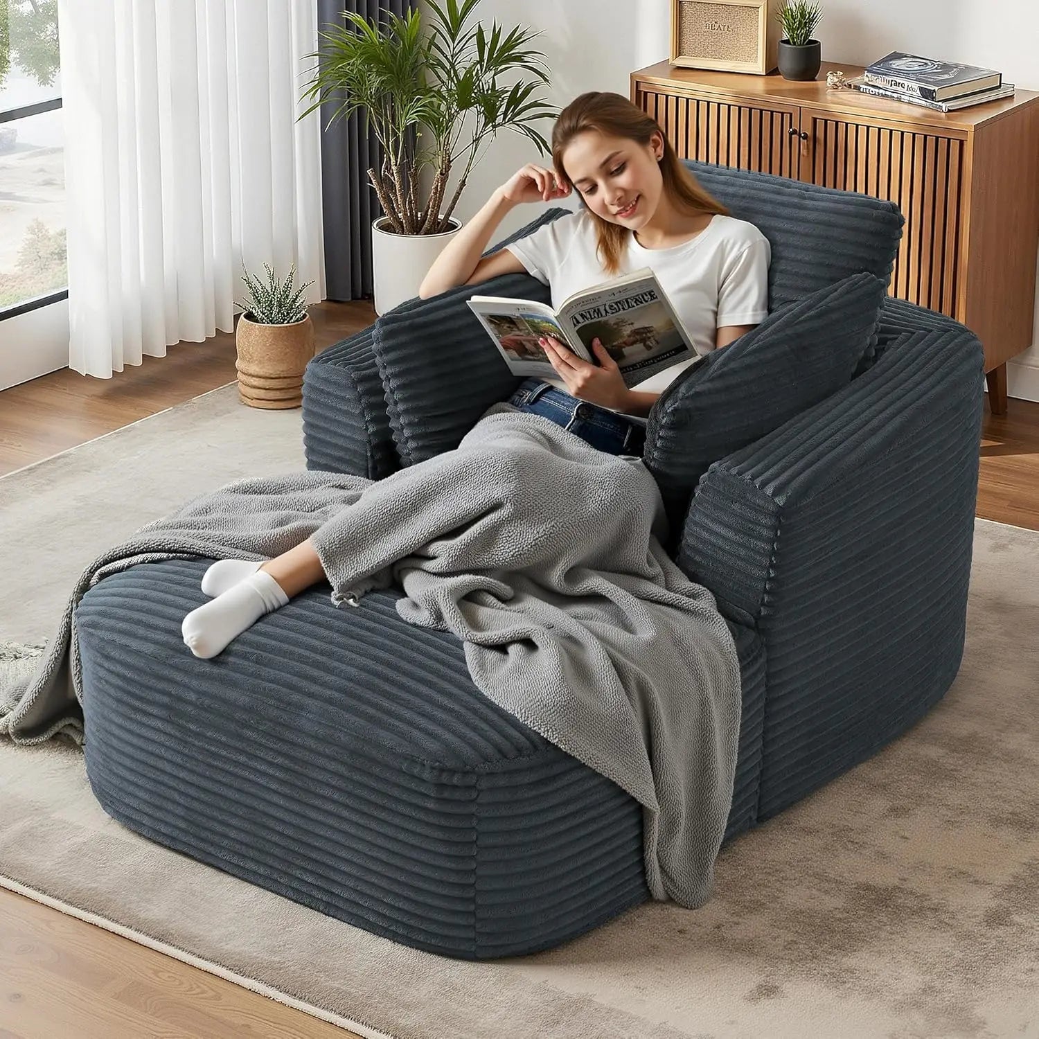 Navak Carpet „65“ Cord-Sofa ohne Knochen – luxuriöse, übergroße Chaiselongue mit tiefer Sitzfläche, Lese-/Schlafsessel für das Wohnzimmer