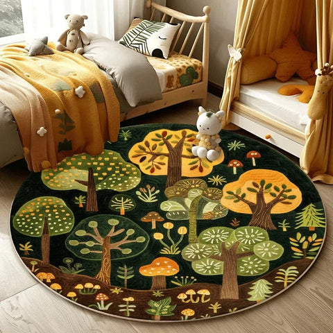 Navak Teppich Waldmuster Wohnzimmer Schöner runder Schlafzimmer-Dekorationsteppich Waschbarer Kinder-Bodenmatte-Studien-Teppich